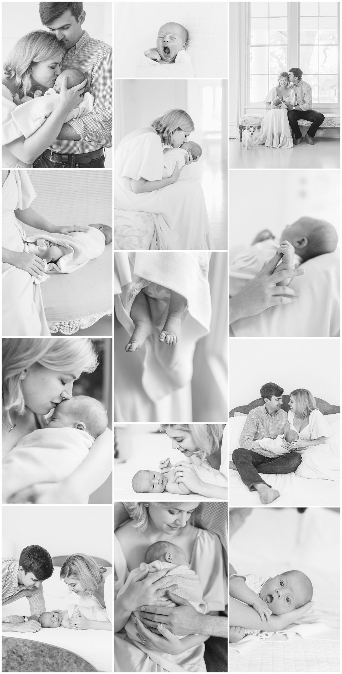 Black and white collage of lifestyle newborn photography, light and airy, soft