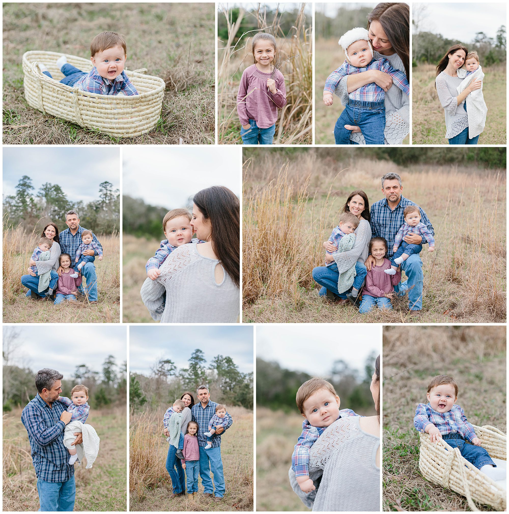 Collage of baby with family members in a field
