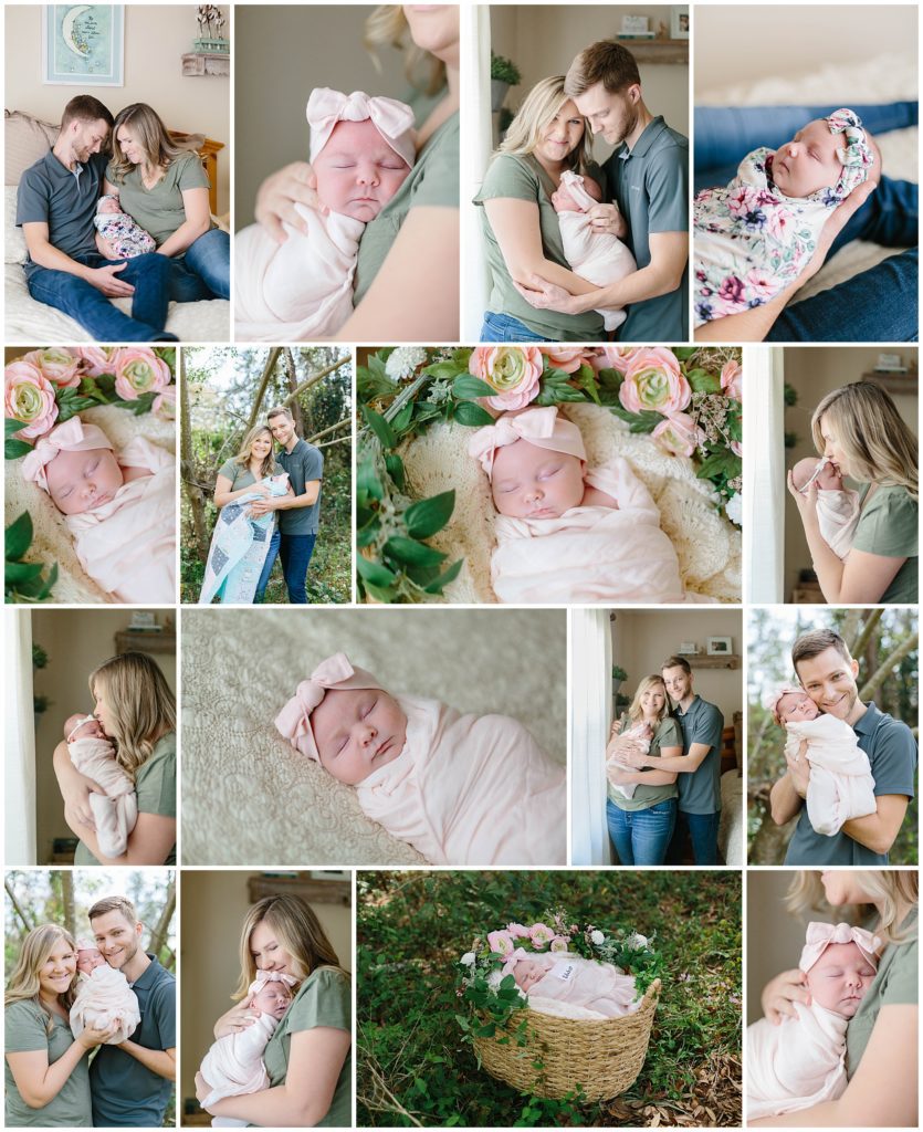 Collage of newborn baby at home with parents. Soft pinks, greens, florals