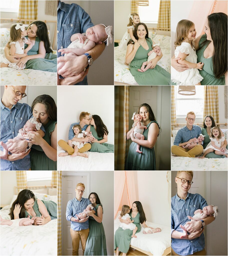 Collage of photos of newborn baby girl at home