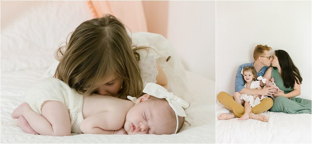 Collage of photos of newborn baby girl at home
