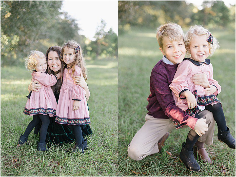 Tallahassee Family Photographer, collage of images of family in field of grass at Alford Park